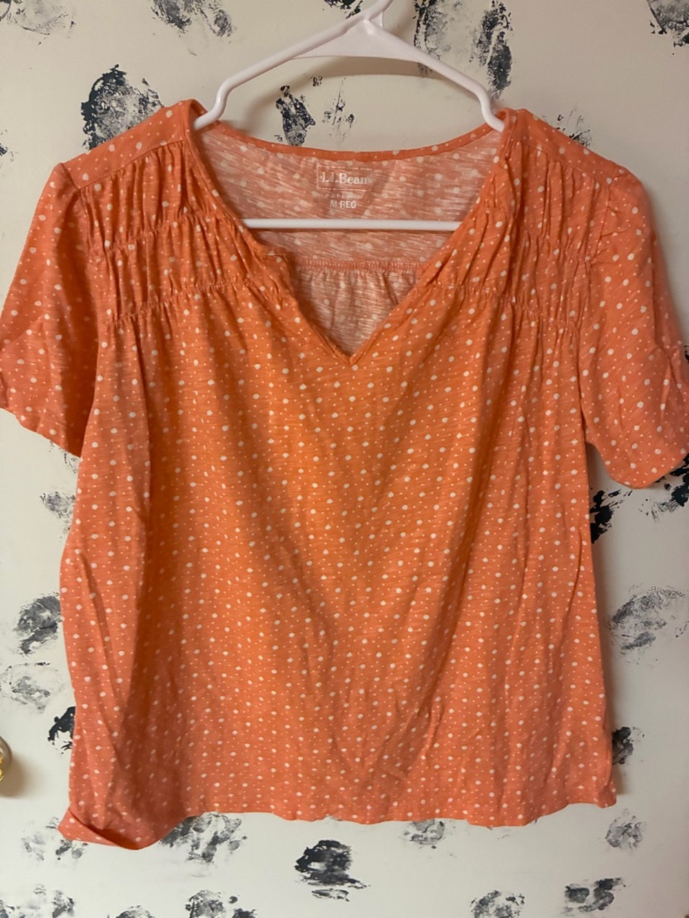 L.L. Bean Coral Orange Short-Sleeve V-Neck Dot Print Top